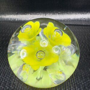 Vintage Hand Blown Art Glass Paperweight Yellow Flowers And Bubbles Glass VTG